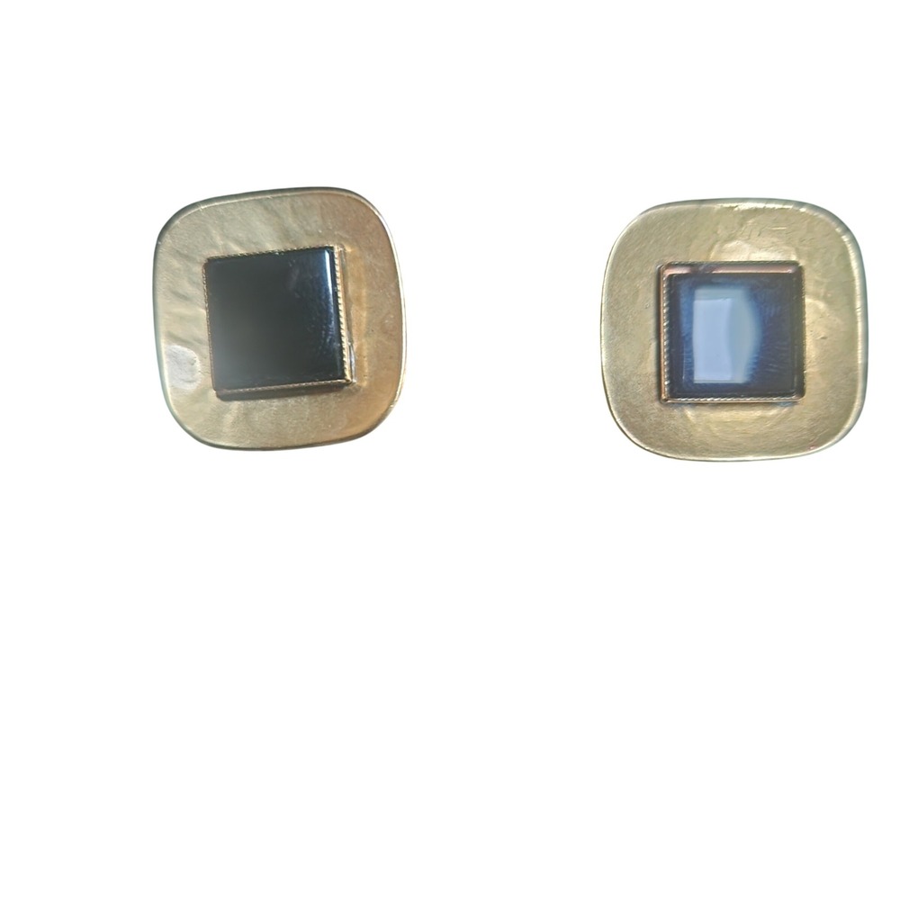 Vintage MB SF Gold Tone Black Square Clip On Earrings Hammered Metal